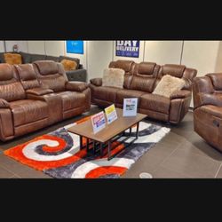 *Living Room Special!!!*---Stellar Santiago Brown Leather Reclining 3 Piece Sets---Delivery And Financing Available🤭
