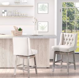Counter Height Bar Stools Set of 2, 180 Degree Swivel, 27" Seat Height Bar Chairs with Solid Wood Footrests and Button Tufted Design, Beige