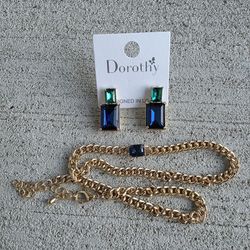 Dorothy Jewelry Set – Blue & Green Crystal Earrings + Gold Chain Necklace – Elegant Fashion Set