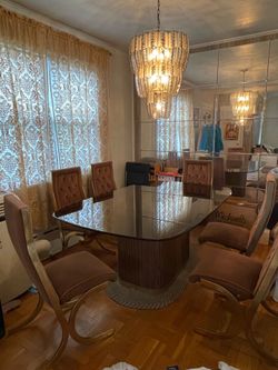 Vintage 7-Piece Dining Set - Smoked Glass, Ribbed Base & 6 Upholstered Chairs