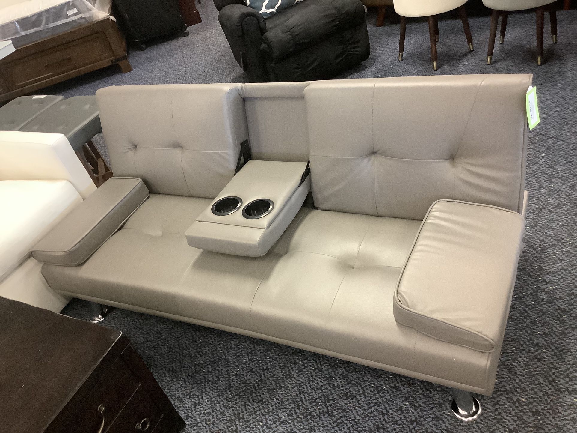 New Grey Leather Futon W/ Pull-down Cup Holder