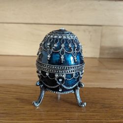 Silver Metal & Rhinestone Hand Enameled Blue Large Imperial Easter Egg Jewelry Trinket Box 4"x5". Denmark Collectible! Yellow Gift Box packaging.