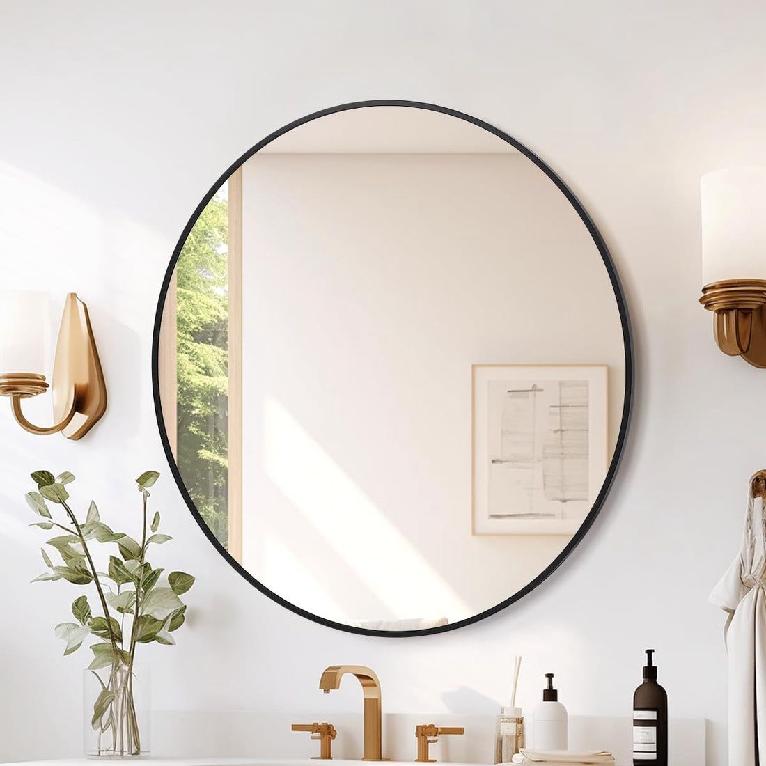 Garvee Large Round HD Eco-Friendly Bathroom Mirror, 36 inch Gold Circle, Small Matte Black Metal Frame, Easy Install for Vanity, Living Room