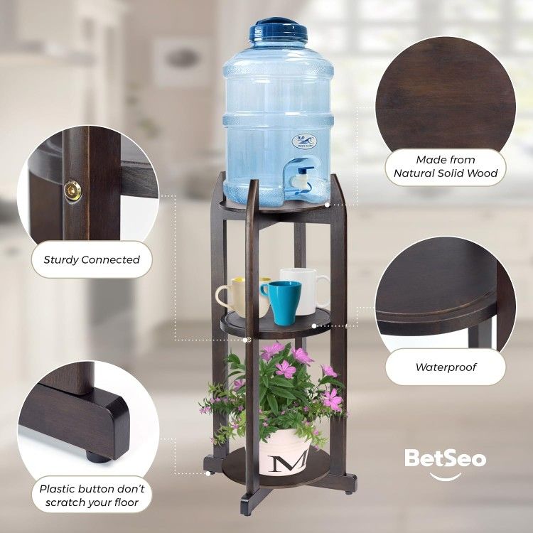 Natural Wood Water Dispenser Holder Floor Stand Plant 3-Tier Shelf, Hold Up To 170lbs. In Walnut Finish