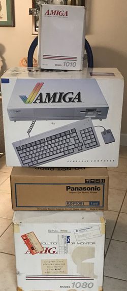 1985 Commodore Amiga 1000 personal computer w/ internal 3.5" double-density micro-floppy disk drive ORIGINAL BOXES MANUALS and Panasonic printer
