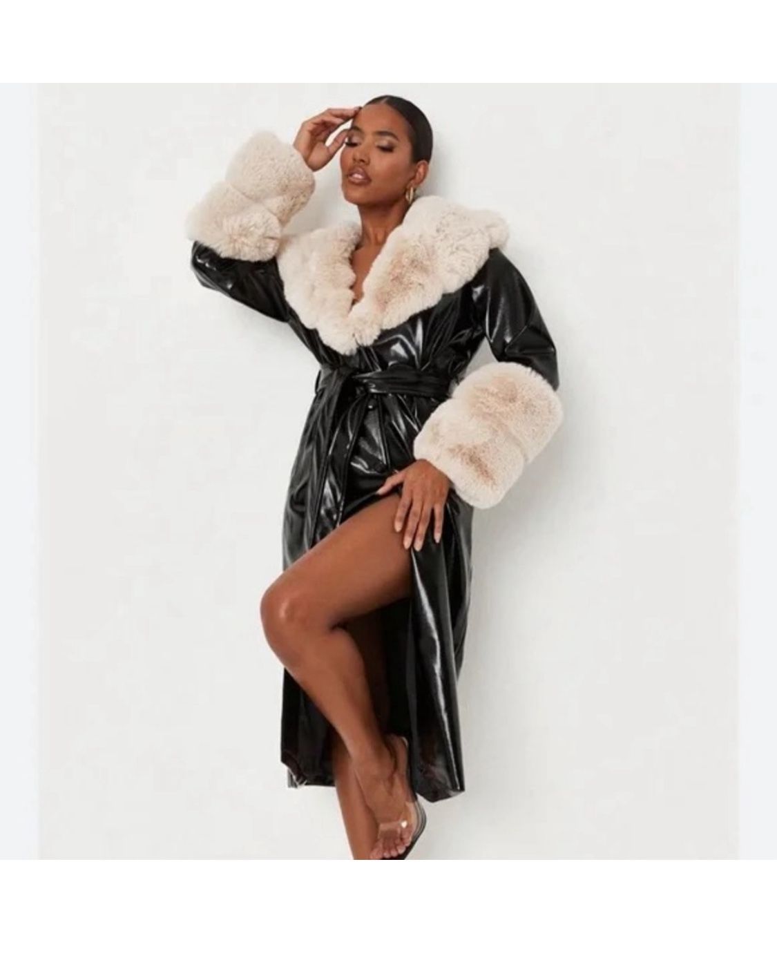 Misguided Faux Leather Belted Trench Coat