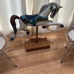 Vintage Wood Carousel Horse With Stand