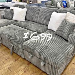 Plus Sectional Sofa Double Chaise With Storage & Pullout Bed , Sofa Bed, Sleeper 