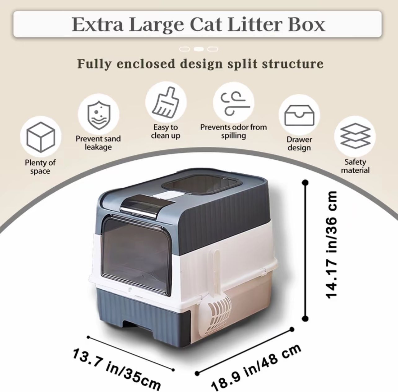 Extra-Large Splash-Proof Fully Enclosed Litter Box, Gray Color