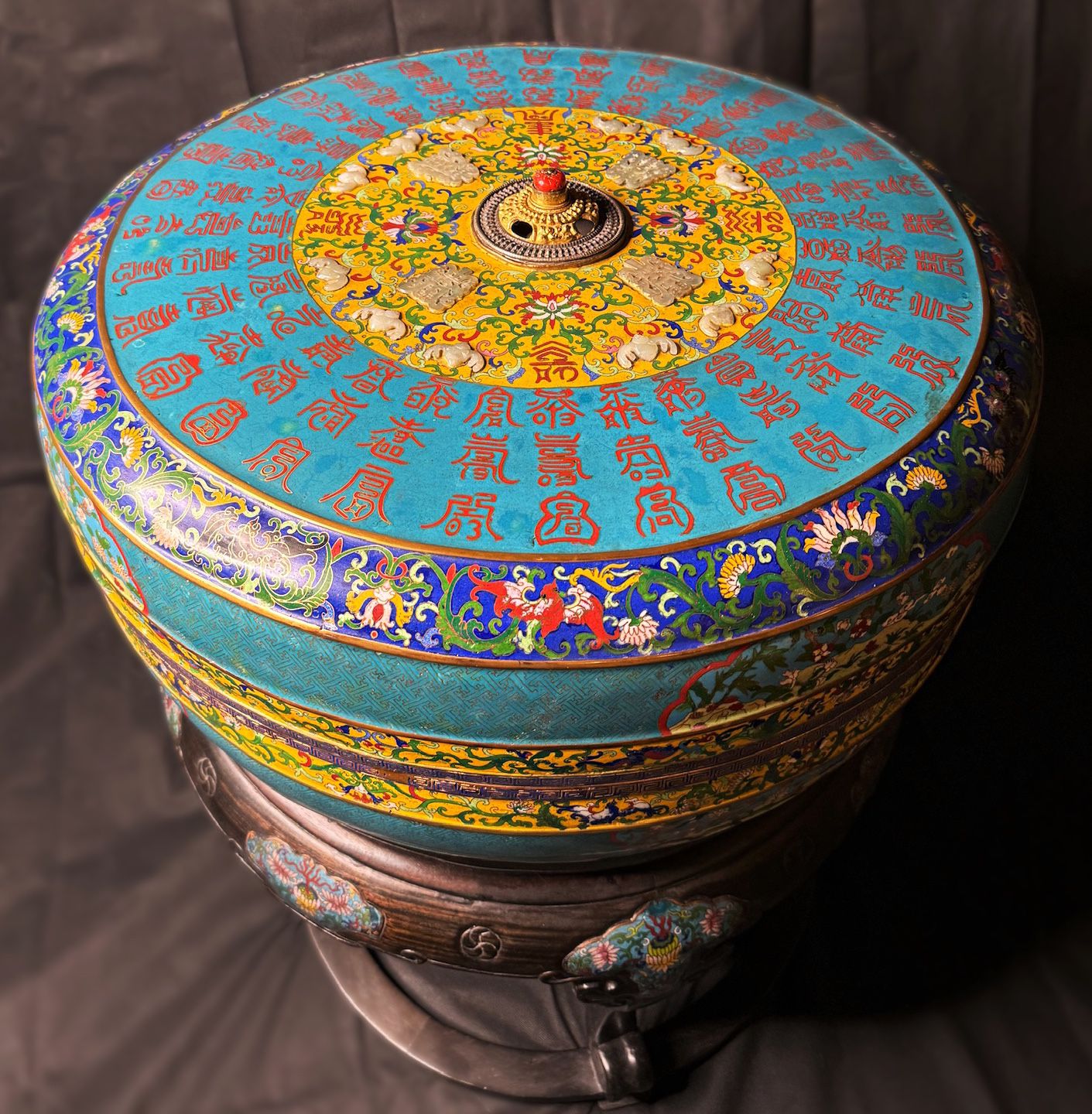 Antique 19th Century Chinese Jade Cloisonné Fish Bowl with Enamel Accents, Coral Adorned Top, and Wooden Table