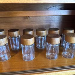 Vintage Set of 10 Clear Glass Container Bottles with Twist Wooden Caps 
