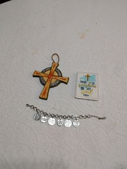 Religious Cross Ornament, Tile, and Charm Bracelet Set. All for