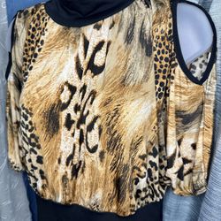 Say Anything ~ Women’s Leopard Blouse 3/4 Sleeve Open Shoulder - Size Large