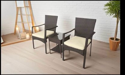 FDW Set of 3 Outdoor Furniture Set Patio Furniture Set Brown Conversation Set with 2 Rattan Chairs Glass Coffee Table , Khaki  Brand new in box - Asse