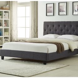 Brand New In Box Queen Size Dark Grey Linen Upholstered Bed With Mattress. Assembly Required, We Can Deliver, Cama Con Colchon.