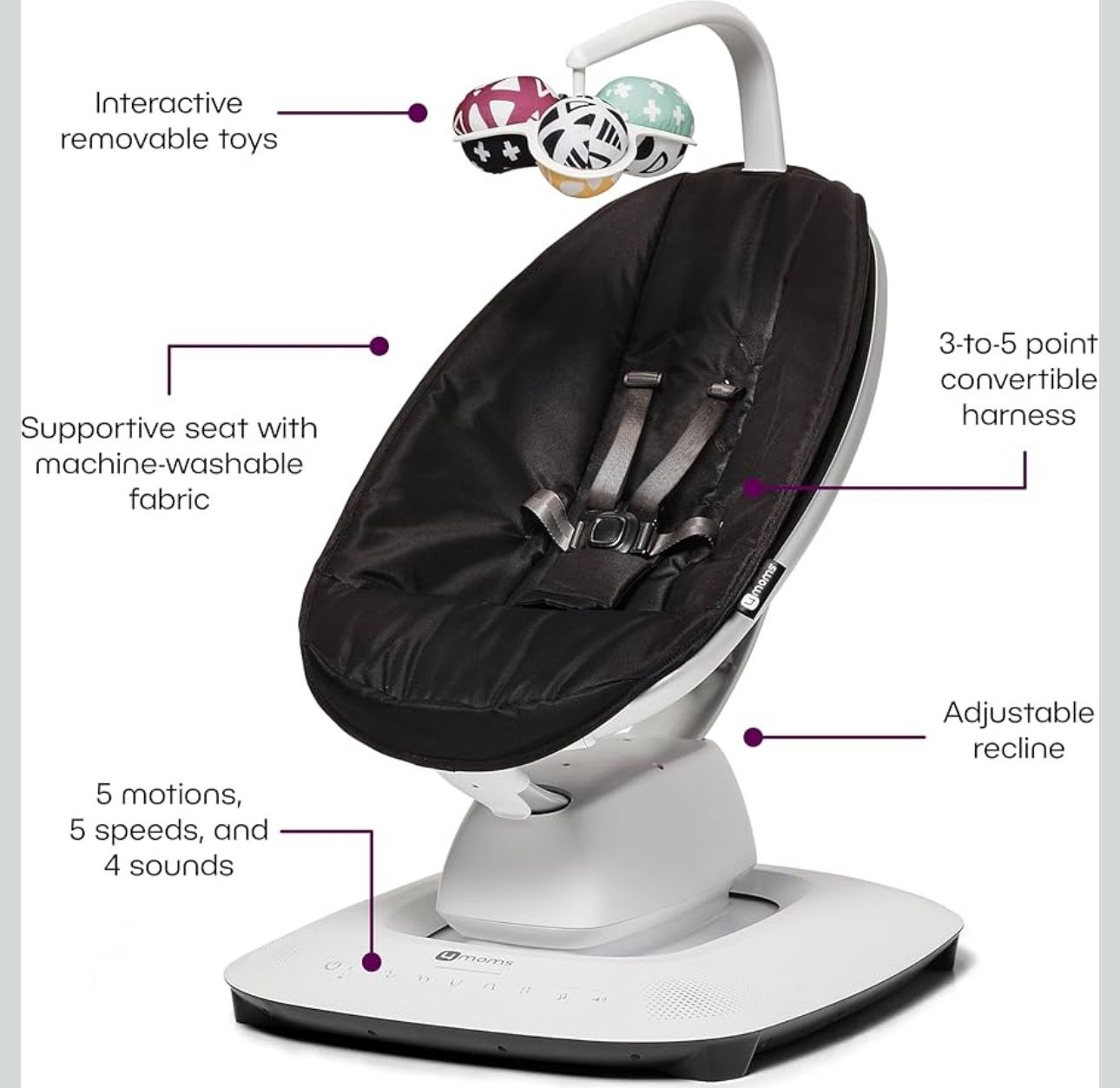 4moms MamaRoo Multi-Motion Baby Swing, Bluetooth Enabled with 5 Unique Motions, Black
