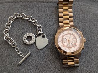 WOMAN'S  Tiffany & Co Sterling Silver Heart Tag Charm Bracelet .925 Silver &  Michael Kors Rose Gold Tone Oversize  Chronograph Watch MK8096 (( SOLD A