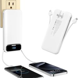 Portable-Charger Power-Bank with Built-in Cables & AC Wall Plug - 12000mAh PD 20W Fast Charging for iPhone,Samsung,Android, USB-C,Rechargeable Externa