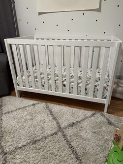 White Wooden Crib With Mattress