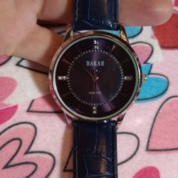 BAKAR Navy Blue Watch W A Large Round Face And Leather Band