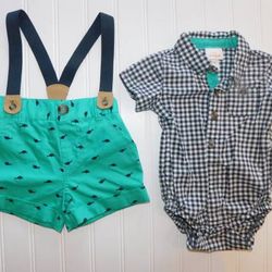 Baby Boys Clothes Cat & Jack Size 0-3 Months Summer Outfit - Shark Suspender Shorts and Button Up Bodysuit Boys Clothes