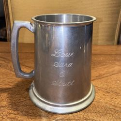 Vtg Handcrafted Fine Pewter Mug 4-1/2” Tall Personalized From Sheffield England