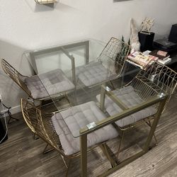 Modern Gold Glass Dining Table + 4 Chairs – Mid Century Glam