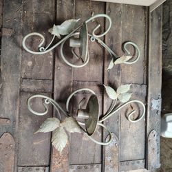 PartyLite Set of 2 Floral Green Sconces Wrought Iron Wall Mount Candle Holders