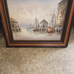 Vintage Oil Painting – Harbor Scene with Fishing Boats – Signed Florence