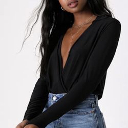 Effortlessly Modern Black Long Sleeve Surplice Bodysuit