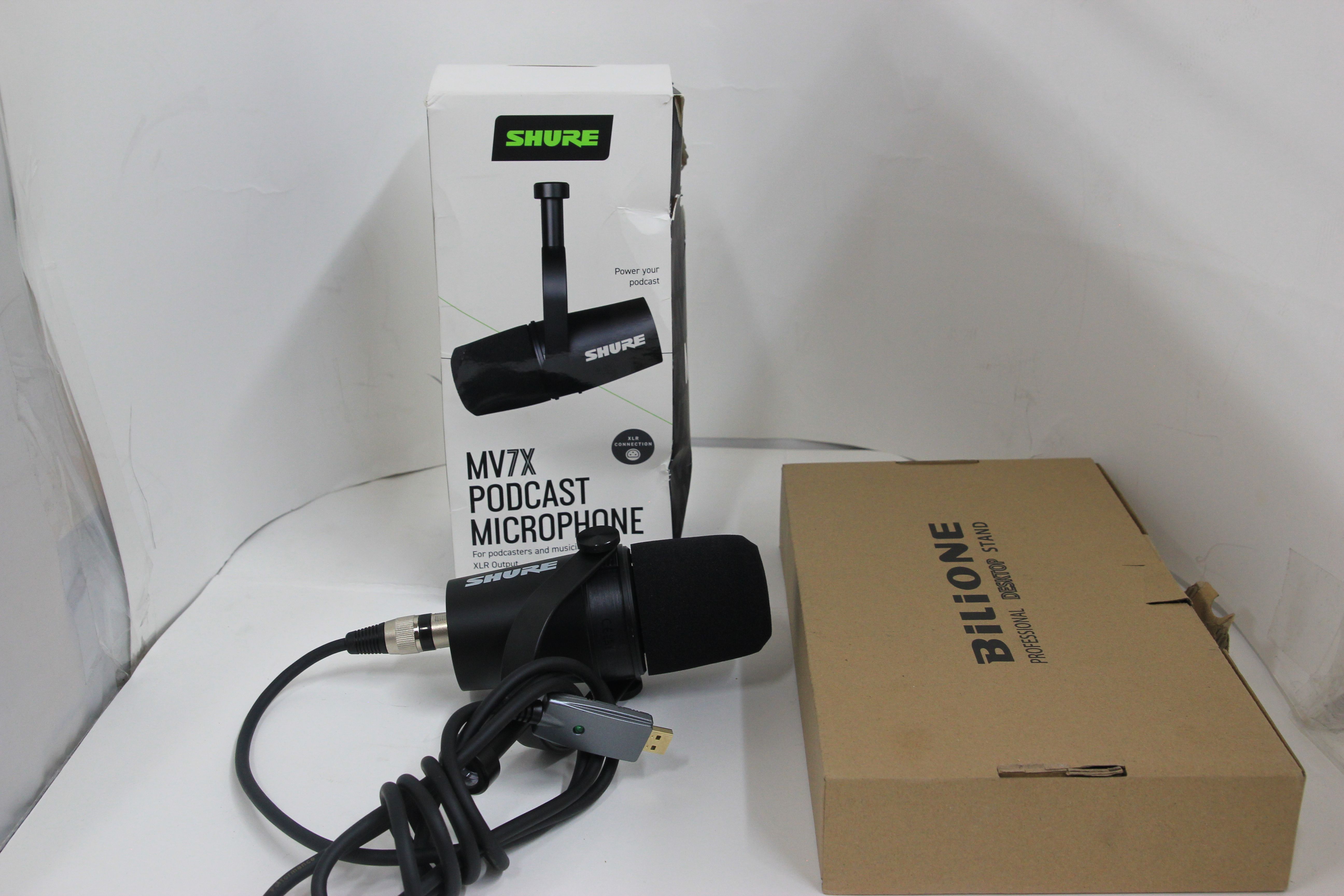 Shure MV7X Dynamic Podcast XLR Microphone With Bilione Desktop Stand