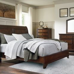 Rustic Brown 7Pc Dresser Mirror Chest Queen Sleigh Bed-2 Nightstands**