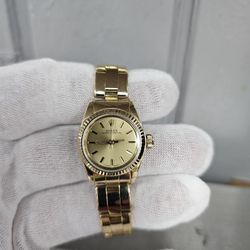Rolex 25mm Ladies Oyster Perpetual Solid 18k Yellow Gold Tropical Dial Ref 67198