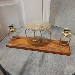 Vintage Wood Base Brass Candle Abra 