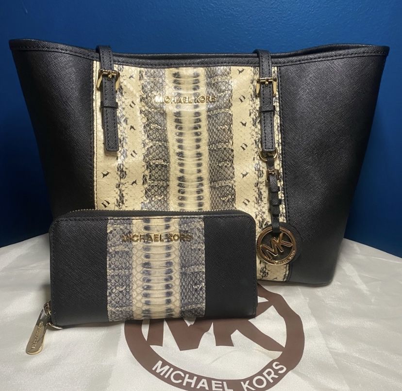 Michael Kors Black Python Colorblock Jet Set Handbag Tote + Wallet
