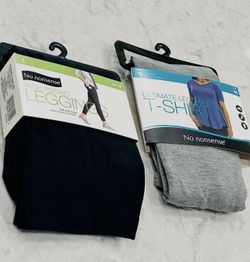 No Nonsense Women's Leggings w/Tech Side Pockets Stretch Pull On Pants [Black] & Ultimate Legging T-shirt [Gray] Size Medium 