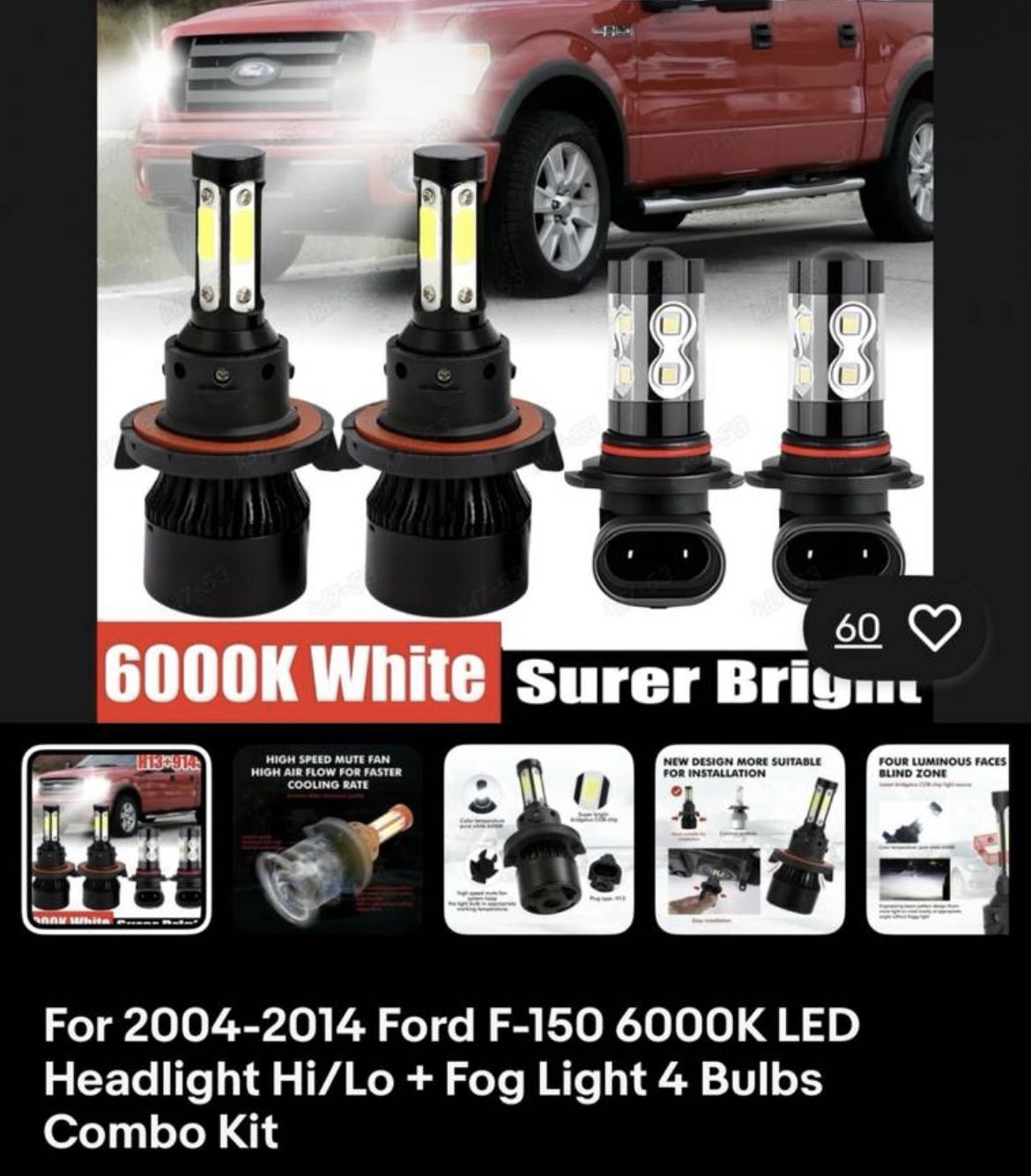 For 2004-2014 Ford F-150 6000K LED Headlight  Hi/ Lo + Fog Light 4 Bulbs Combo Kit
