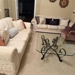 4-Piece Living Room Set – Two Cream Damask Sofas & Glass/Iron Tables