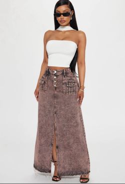 Fashion Nova Skirt Mineral Acid Wash Denim Maxi Skirt Slit Red Pink Black Grunge Button Buckle