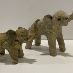 Vintage Elephant Figurines Hand Crafted Crushed Oyster Shell & Resin Elephant Figures Trunk Up . Larger is 7” tall and smaller is 5” tall  