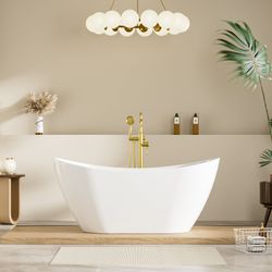 60 Glossy White Freestanding Acrylic Soaking Bathtub with Advanced Heat Retention & Ergonomic Support, 60-Gallon