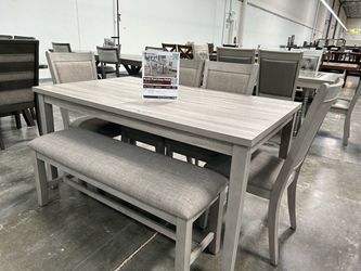 Rustic Pearl Gray Dining Set with Bench