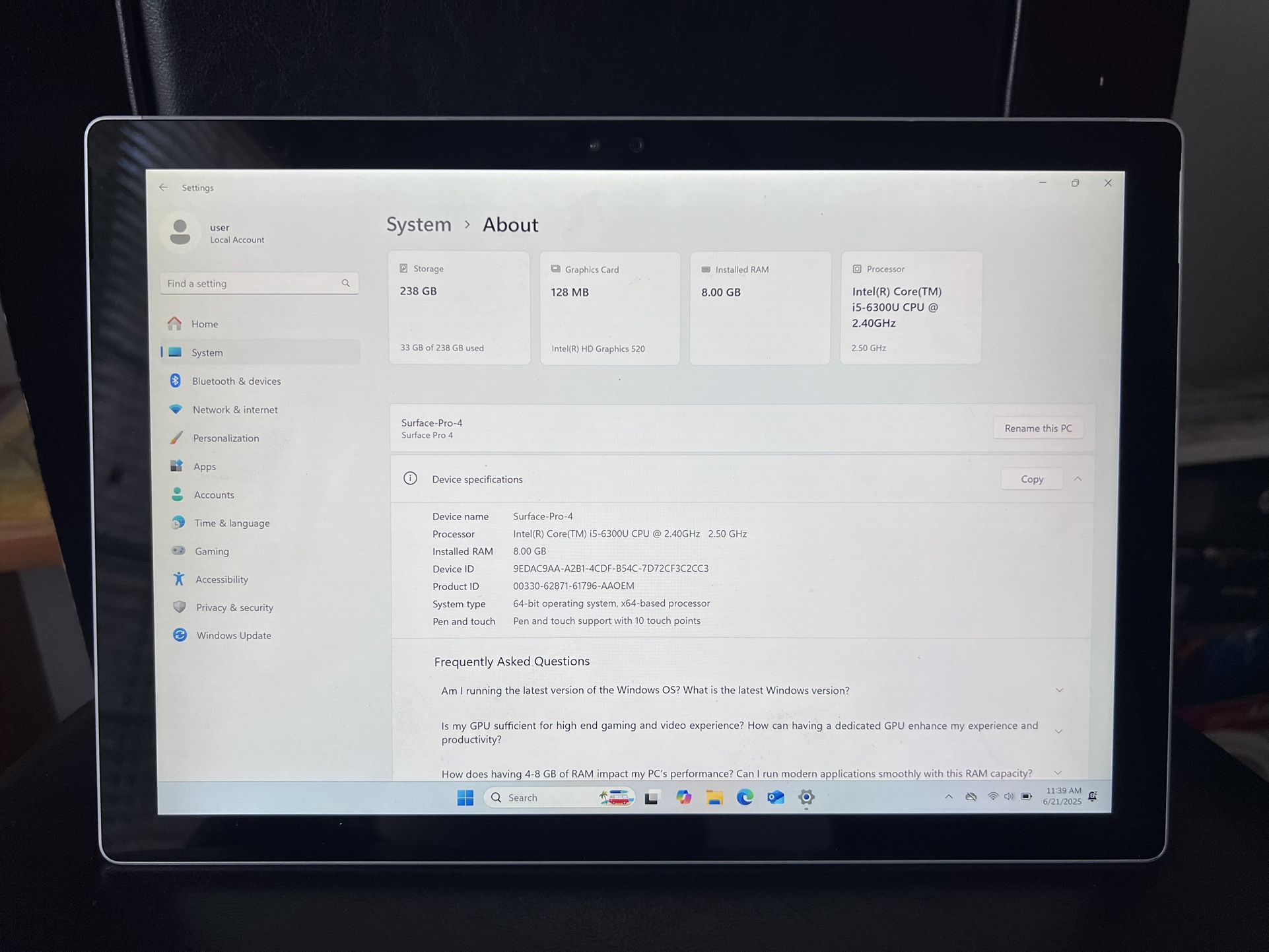 Microsoft Surface Pro 4 i5-6300U 2.4GHz 8GB/256GB SSD, win11p no KB