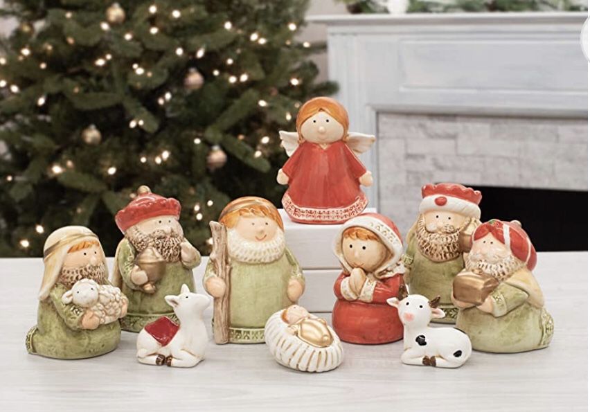 TII Set of 10 Ceramic Christmas Nativity Figurines, 4.25 Inches High, Soft Green and Nutmeg Red