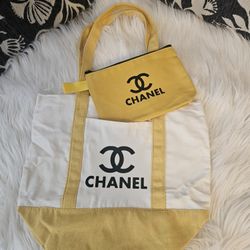 Yellow and White Totebag With Matching Pouch