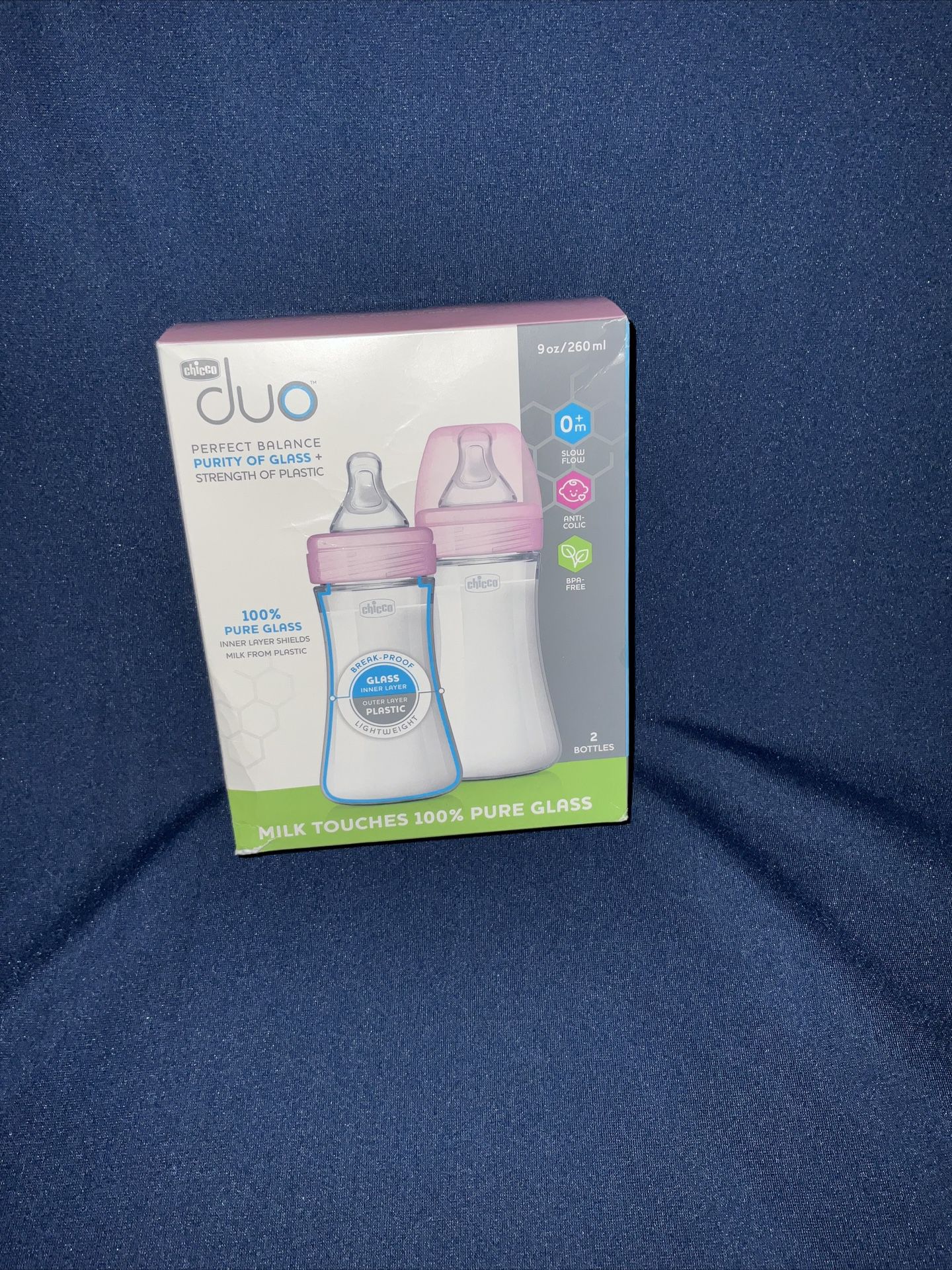Chicco Duo Hybrid Pink Lids Baby Bottles Invinci-Glass 9 oz each (Set of 2)