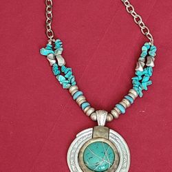 Vintage Statement Piece Real & Faux Turquoise Large Pendant Necklace Aztec Style