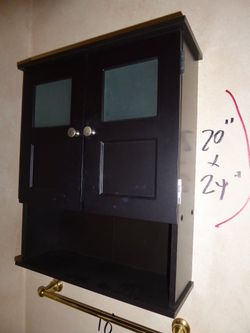 Black Bathroom Wall Cabinet, 20 x 24, Glass Doors w/ Towel Bar, Good