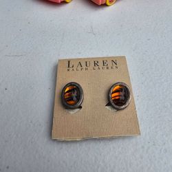 Ralph Lauren Silver Tone Oval Earrings Faux Amber Tortoise Cabochon Studs