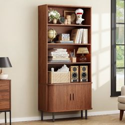71" Tall Bookshelf, 4-Tier Bookcase with Storage Cabinet & Adjustable Shelves, Floor Standing Wooden Bookshelf with Sliding Door and Adjusta